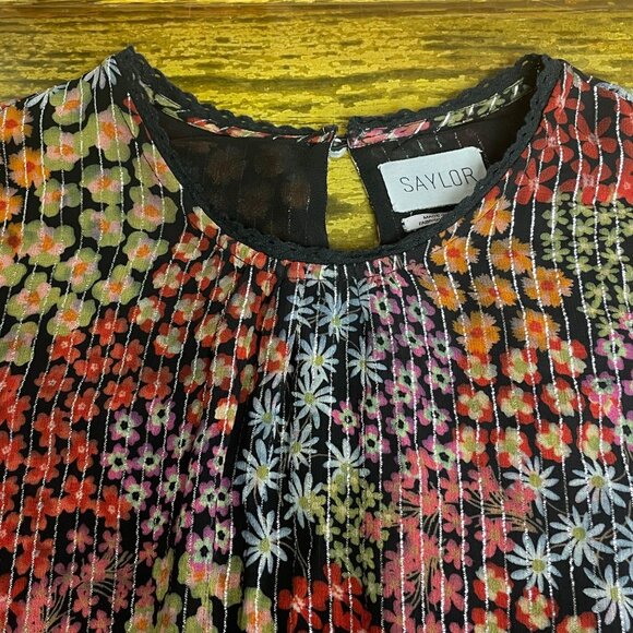 Saylor Talley Dark Floral Metallic Mini Dress Black Red Sz XL Boho Whimsigoth - Picture 3 of 8